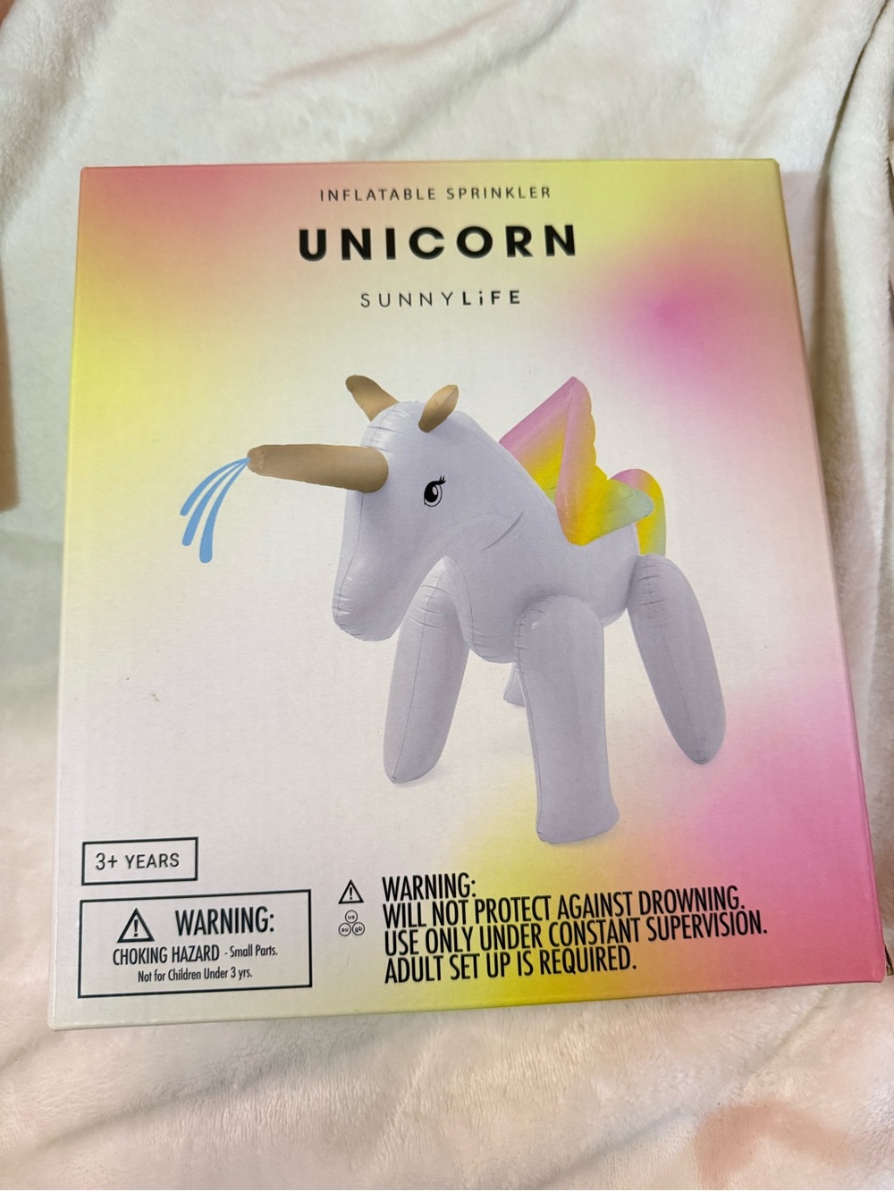Sunnylife White Unicorn Inflatable Sprinkler with Pastel Color Wing